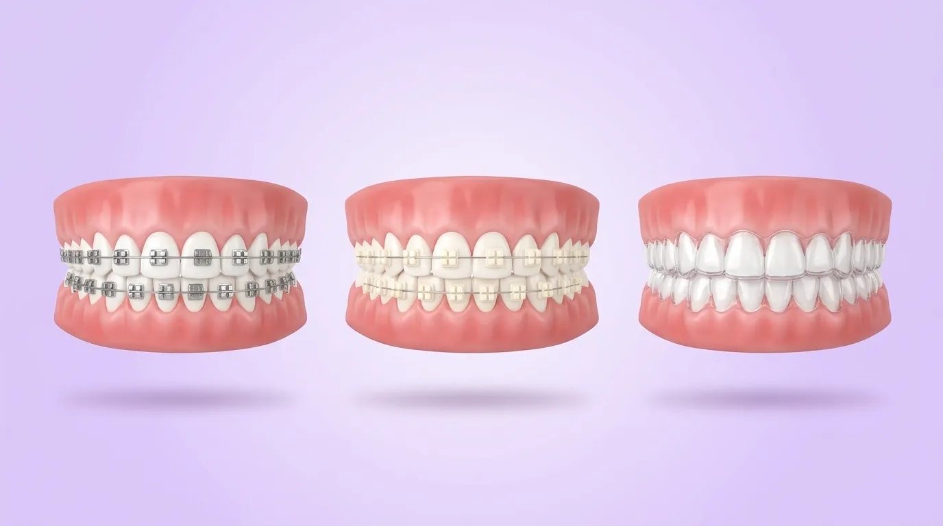Üç diş modelinin 3D çizimi: soldan sağa metal braketli tel, diş renginde seramik braketli tel ve şeffaf plak