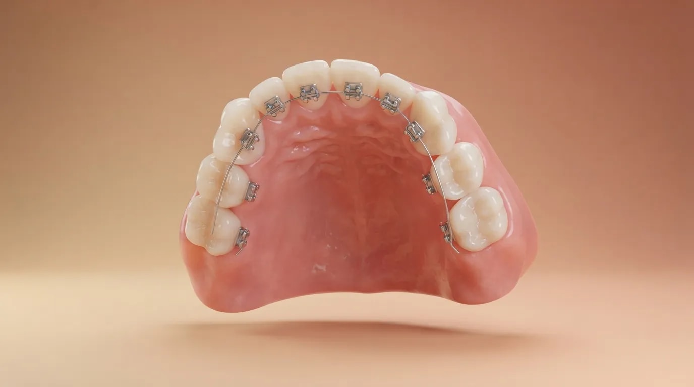 Üst diş dizisinin içten 3D görünümü: braketler ve tel dişlerin dil tarafındaki yüzüne yapıştırılmış