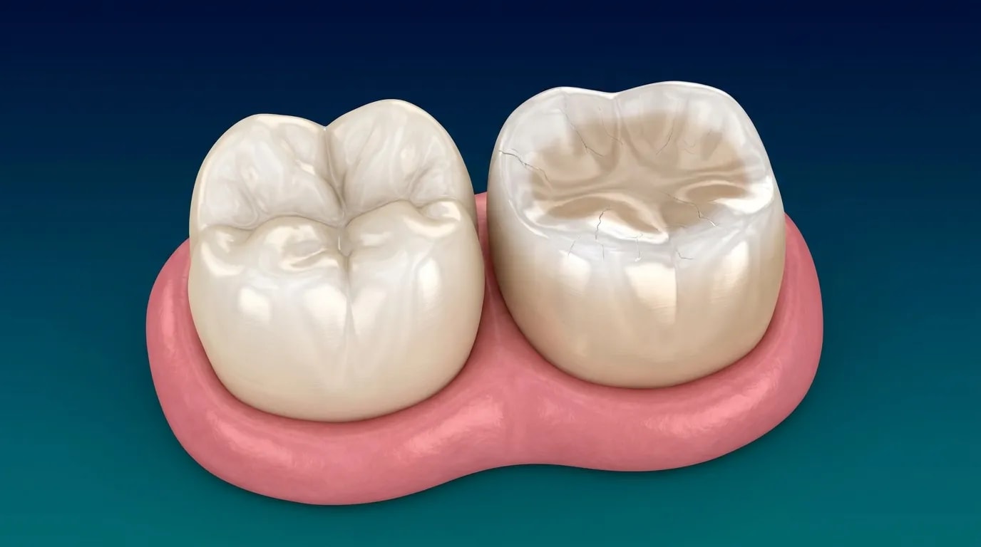 İki azı dişinin 3D çizimi: solda doğal tümsekli sağlıklı diş, sağda diş sıkma nedeniyle düzleşmiş ve çatlamış çiğneme yüzeyi