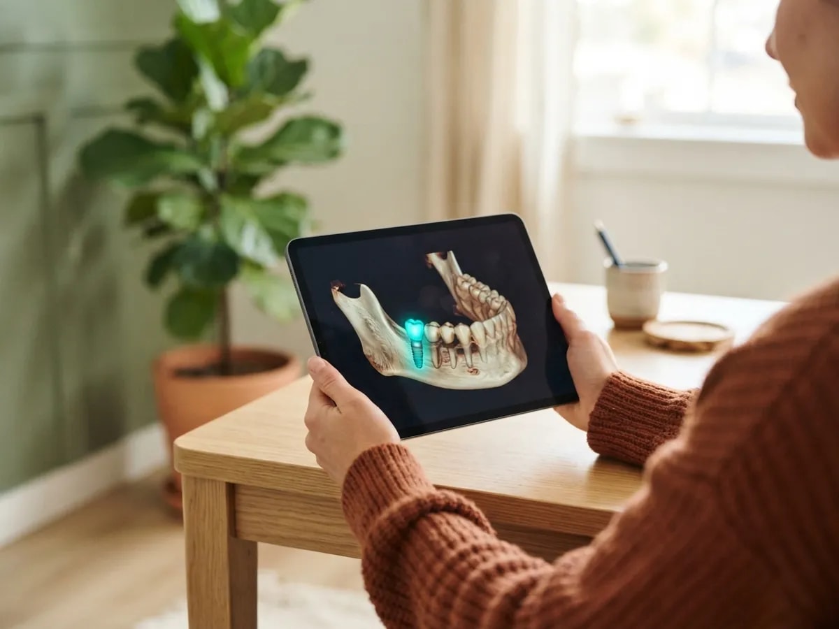 Muayene masasında elinde tablet tutan hasta; ekranda implant yeri işaretlenmiş alt çenenin 3D taraması