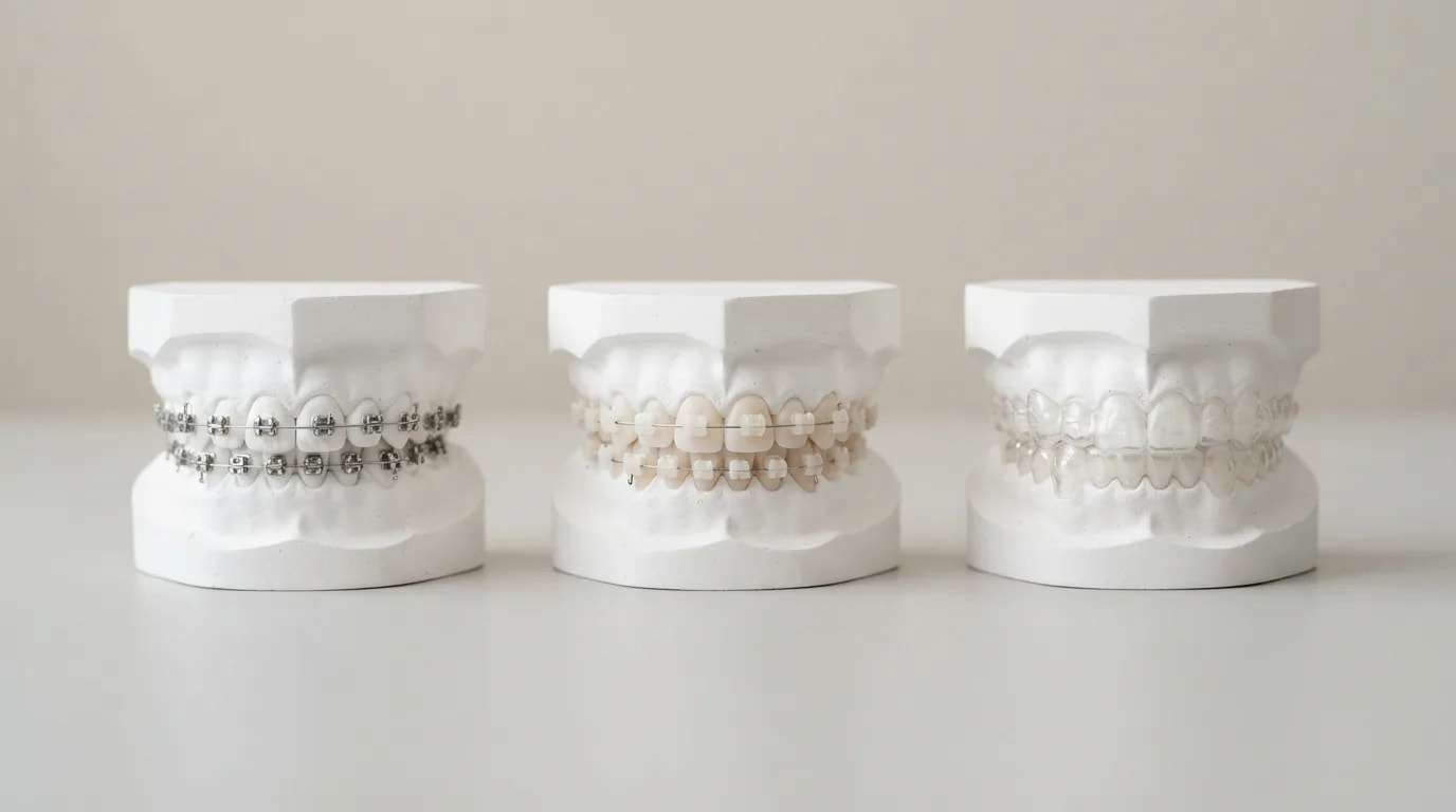 Yan yana üç diş modeli: metal braket, diş renginde porselen braket ve şeffaf plak