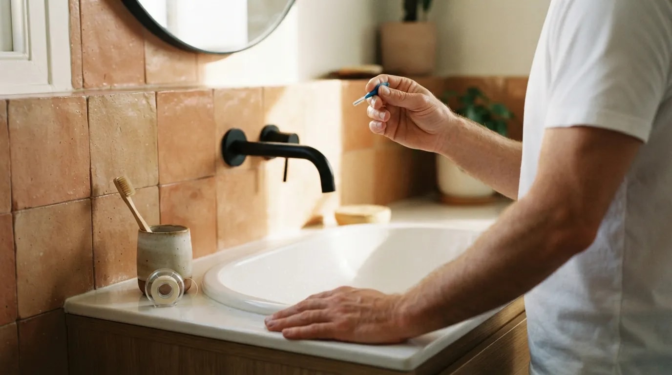Terrakota fayanslı banyoda lavabo başında ara yüz fırçası tutan el, yanında bardakta diş fırçası