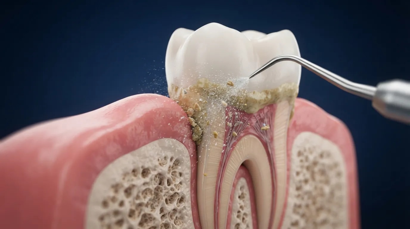 Azı dişi ve diş eti kesitinin 3D çizimi: diş eti çizgisindeki sarı diş taşı ultrasonik uçla su spreyi eşliğinde temizleniyor