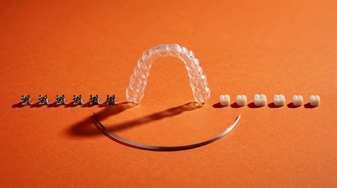 Turuncu fonda ortada dik duran şeffaf plak, bir yanında metal braketler, diğer yanında diş renginde seramik braketler ve önde ortodontik tel