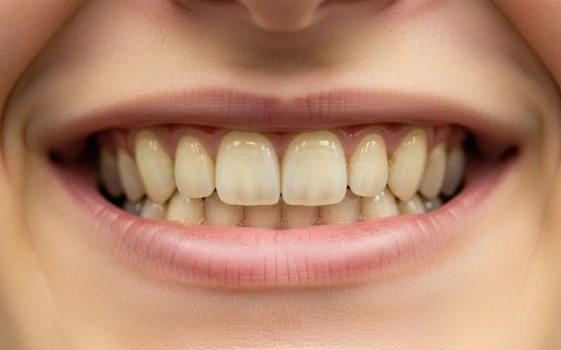 Gülüş tasarımı öncesinde sararmış ve boyları eşit olmayan ön dişler