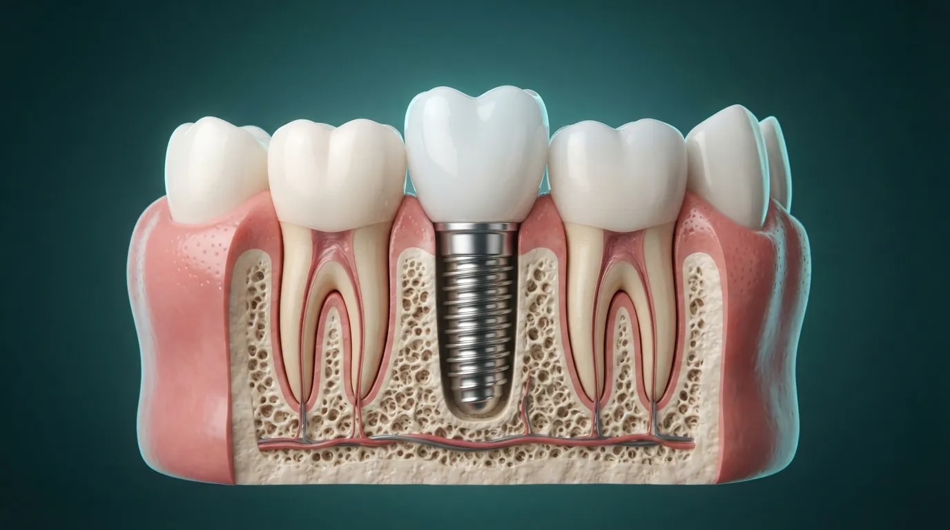 Alt çene kesitinin 3D çizimi: iki doğal dişin arasında kemiğe yerleşmiş titanyum implant, abutment ve porselen kron